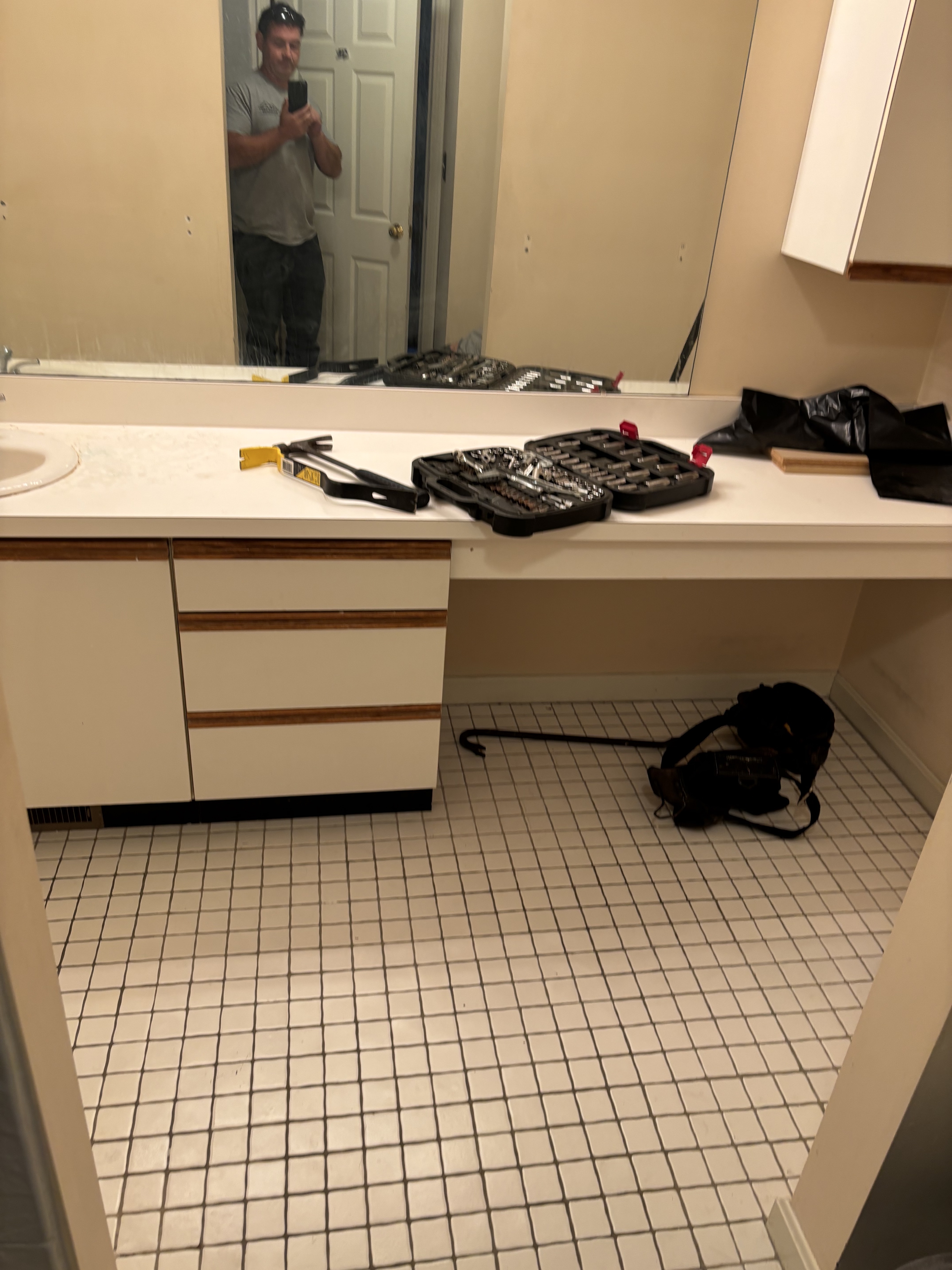 Bathroom before — dated vanity and mirror
