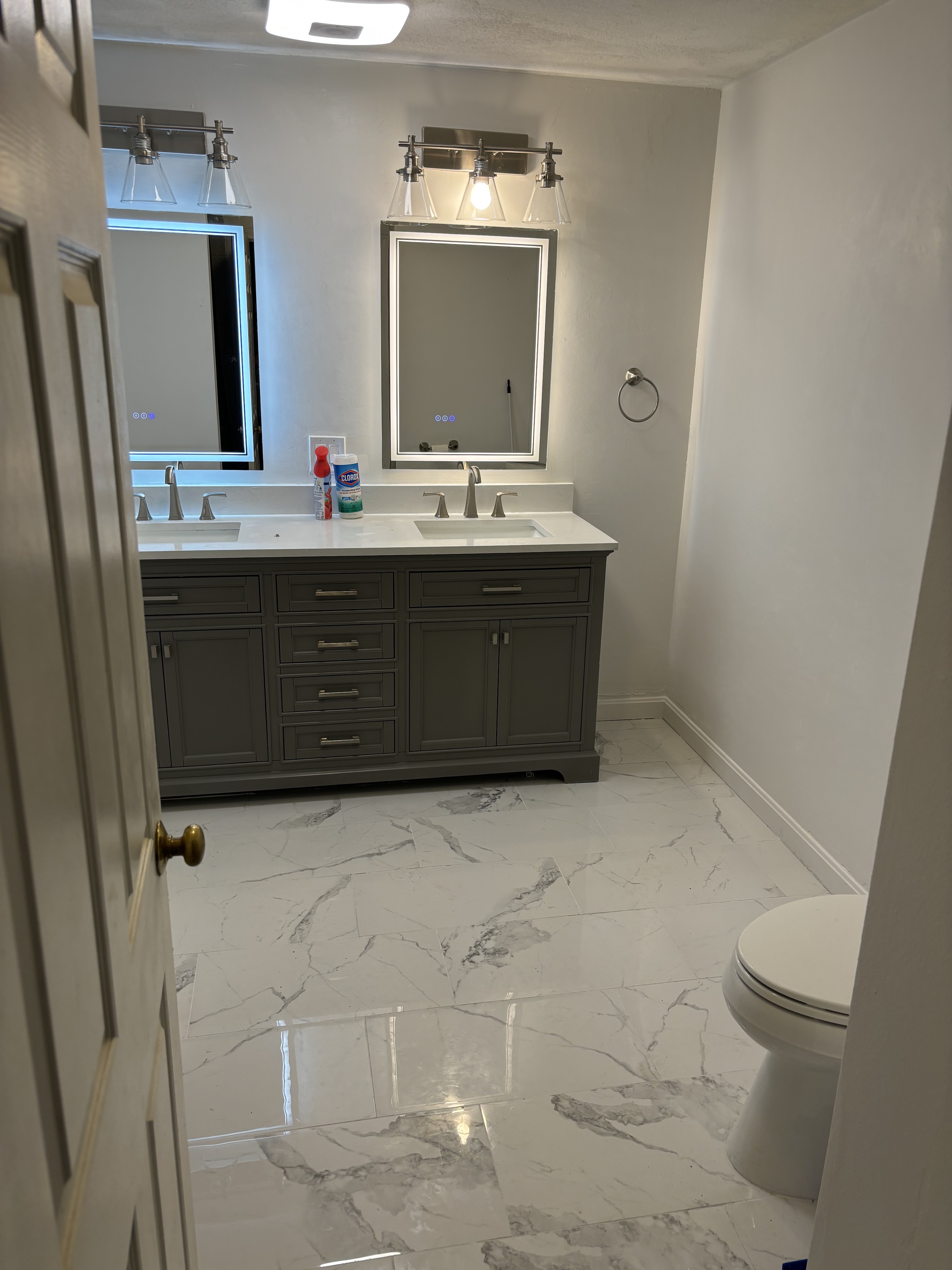 Finished bathroom remodel with LED mirrors, Hopkinton MA