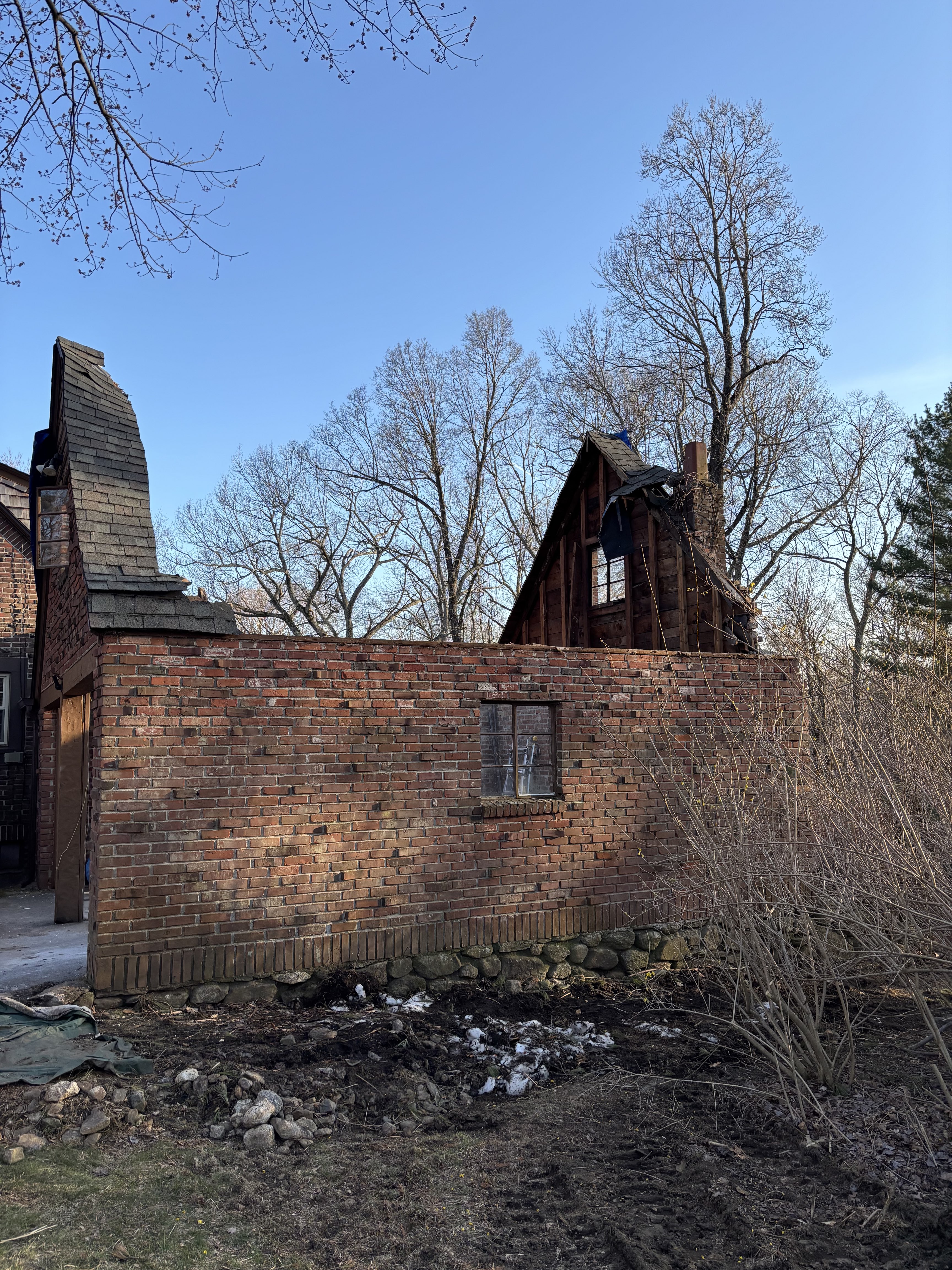 Roof demo progress, brick garage addition